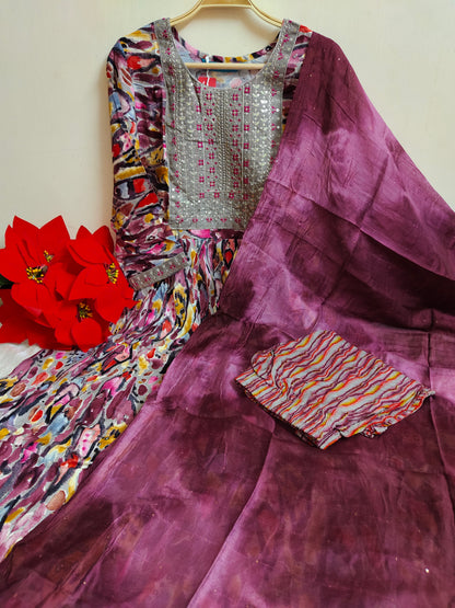 Multicolor Abstract Umbrella Kurti 3-Piece Set | Mayura