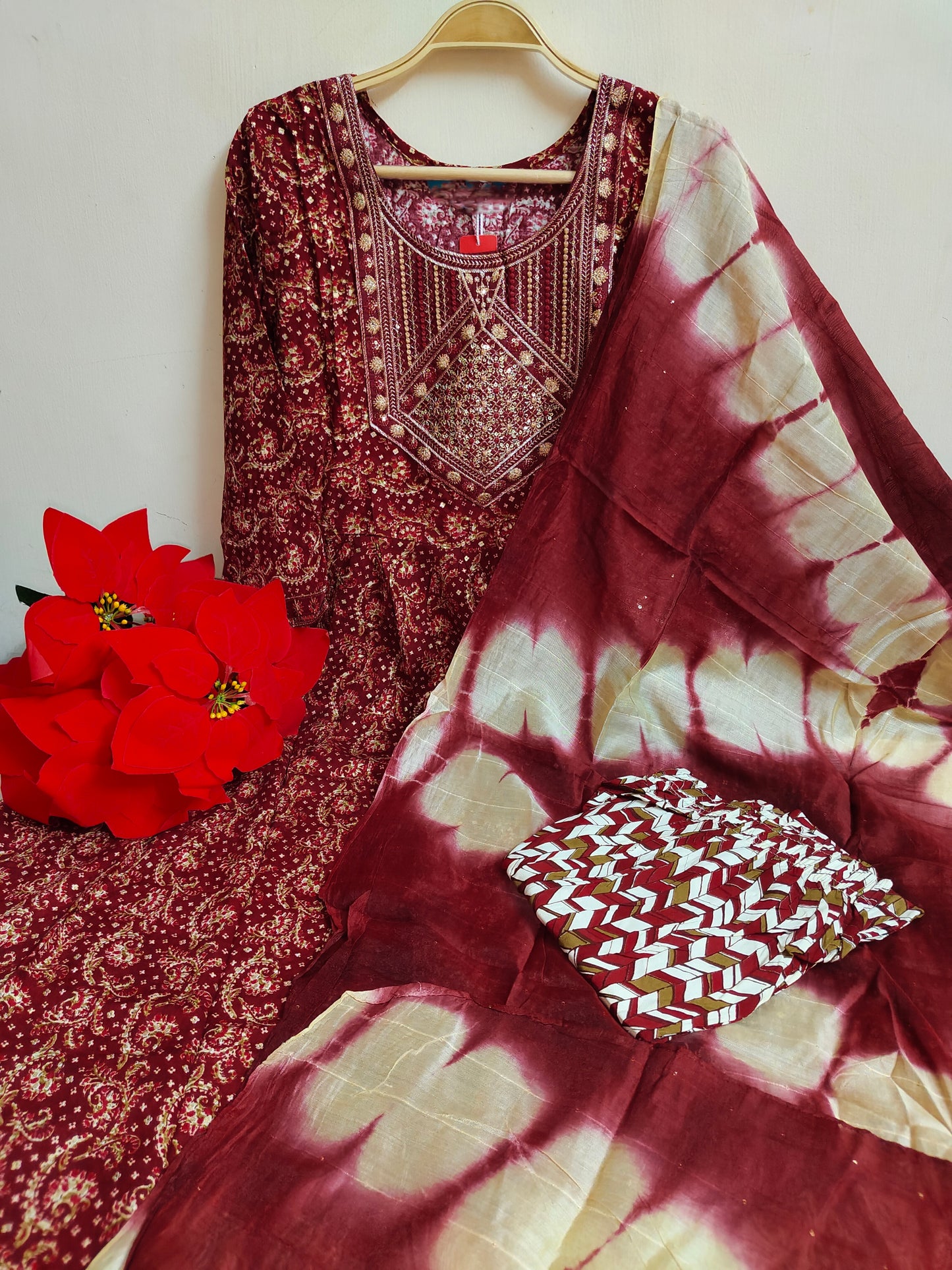 Maroon Bandhani Umbrella Kurti 3-Piece Set | Mayura