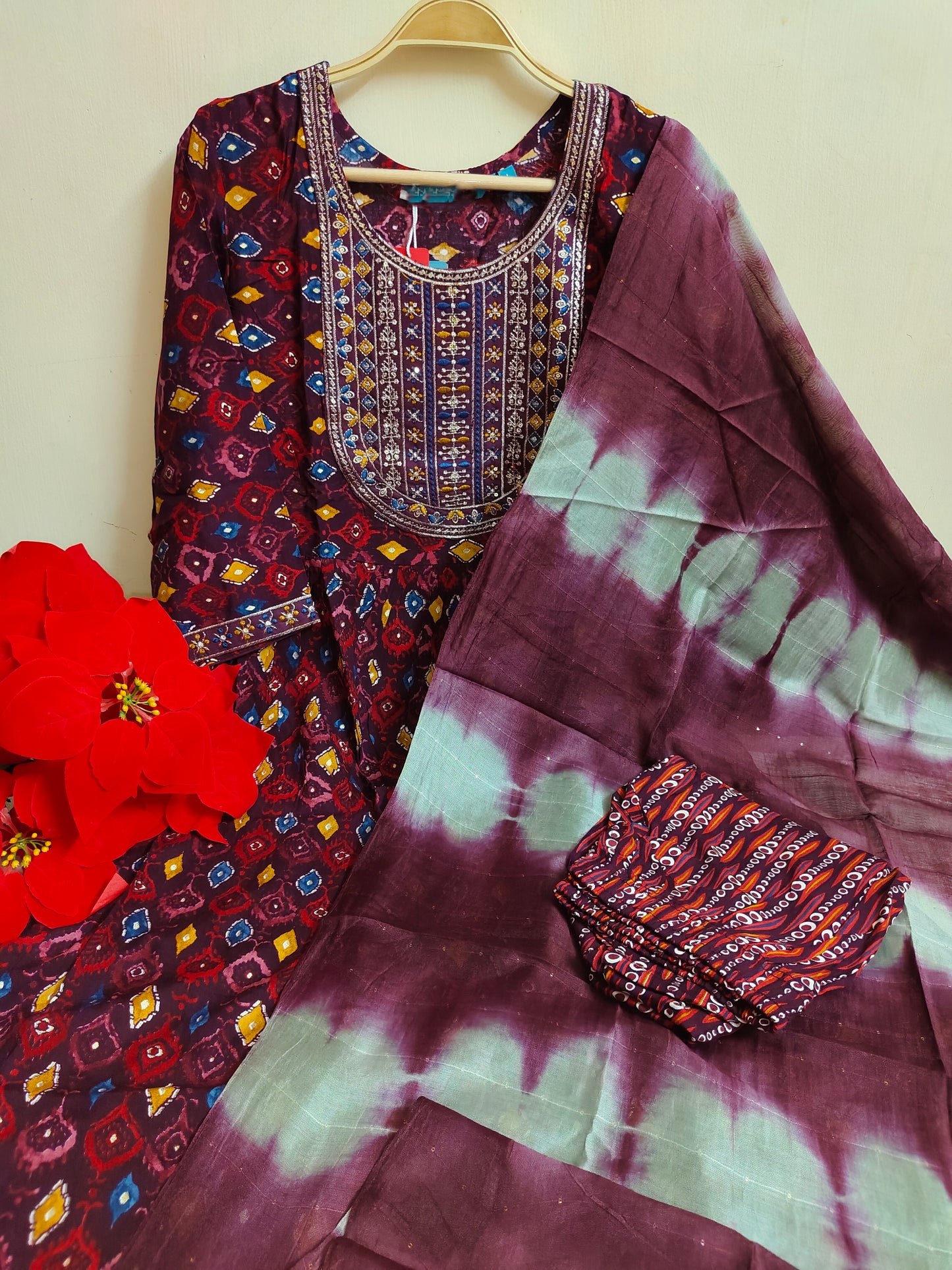 Wine Patola Umbrella Kurti 3-Piece Set | Mayura