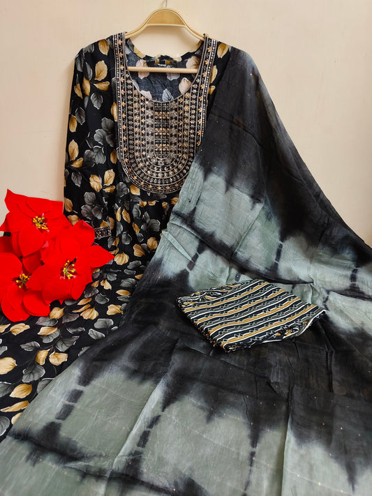Black Floral Umbrella Kurti 3-Piece Set | Mayura