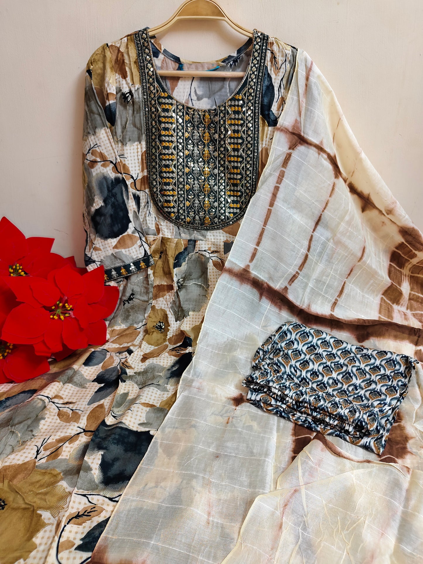 Beige Floral Umbrella  Kurti 3-Piece Set | Mayura