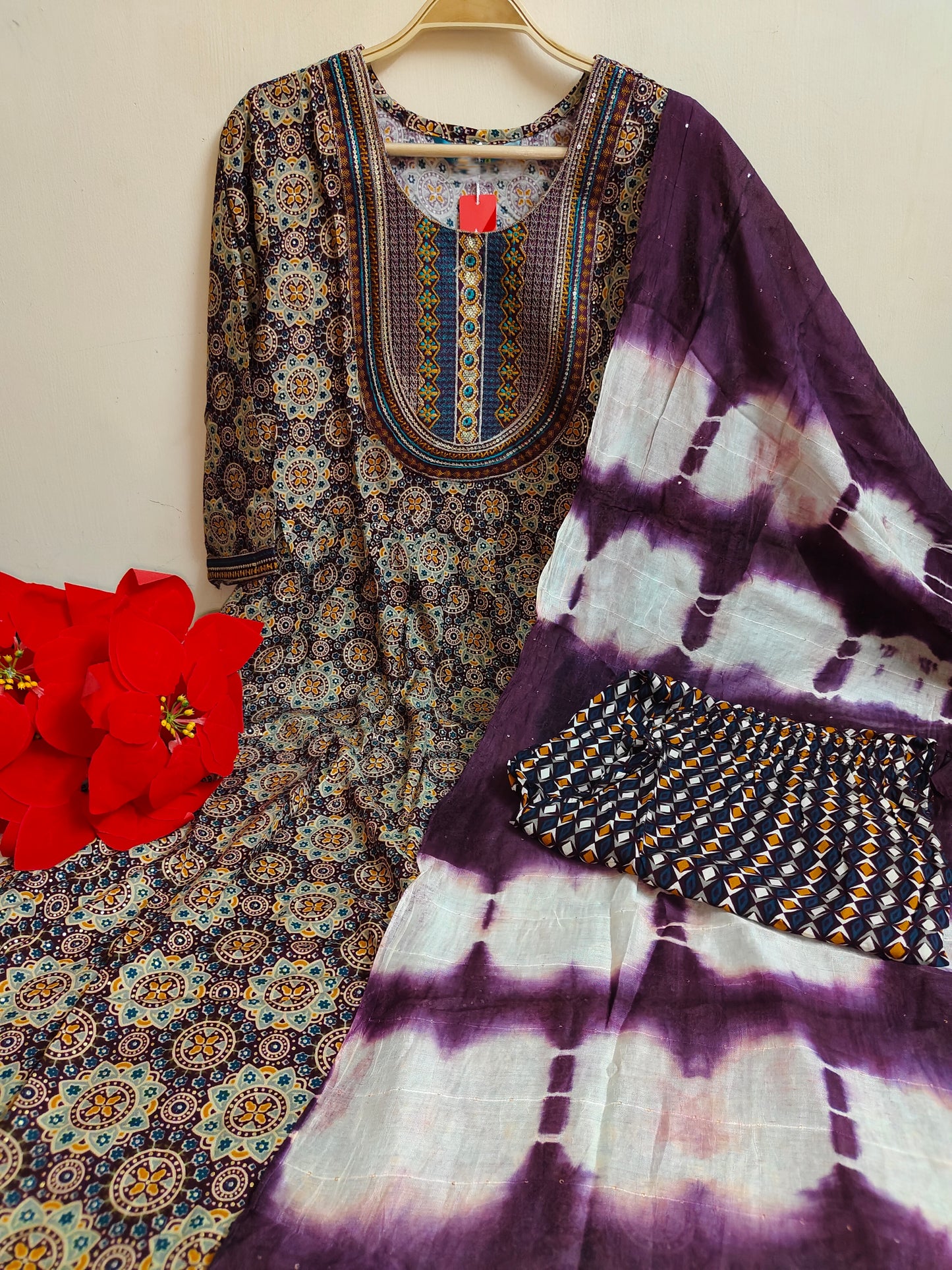 Beige Mandala Anarkali Kurti 3-Piece Set | Mayura