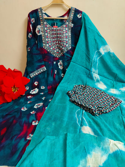 Blue Tie-Dye Anarkali Kurti 3-Piece Set | Mayura