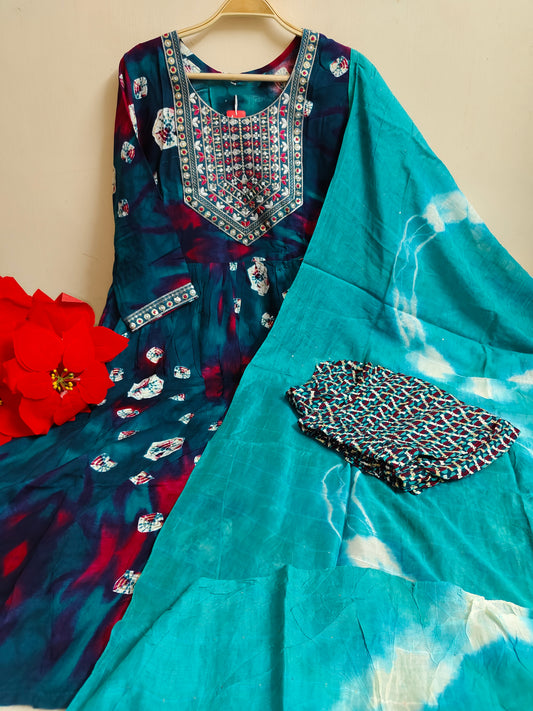 Blue Tie-Dye Anarkali Kurti 3-Piece Set | Mayura