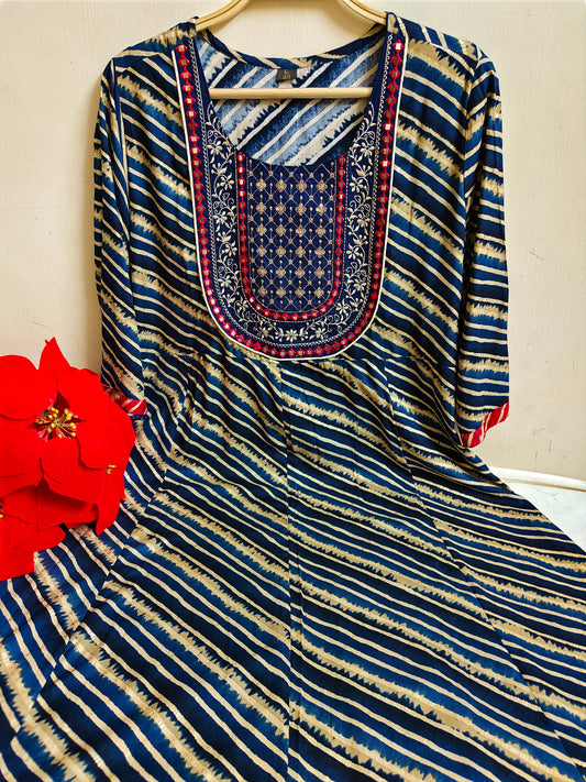 Navy Blue Leheriya Print Anarkali Kurti 1 Piece | Mayura