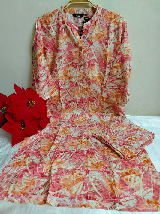 Pink Orange Abstract Printed Rayon Kurti - 2 Piece Set  | Mayura