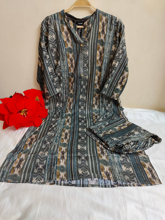 Grey Green Tribal Printed Rayon Kurti - 2 Piece Geometric Set | Mayura