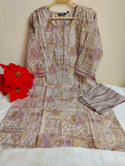 Mauve & Cream Patchwork Print Straight Kurti 2-Piece Set | Mayura