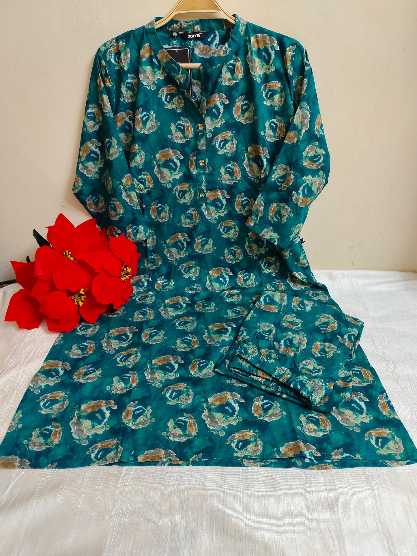 Teal Abstract Printed Rayon Kurti - 2 Piece Set | Mayura