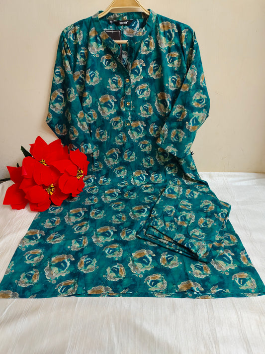 Teal Abstract Printed Rayon Kurti - 2 Piece Set | Mayura