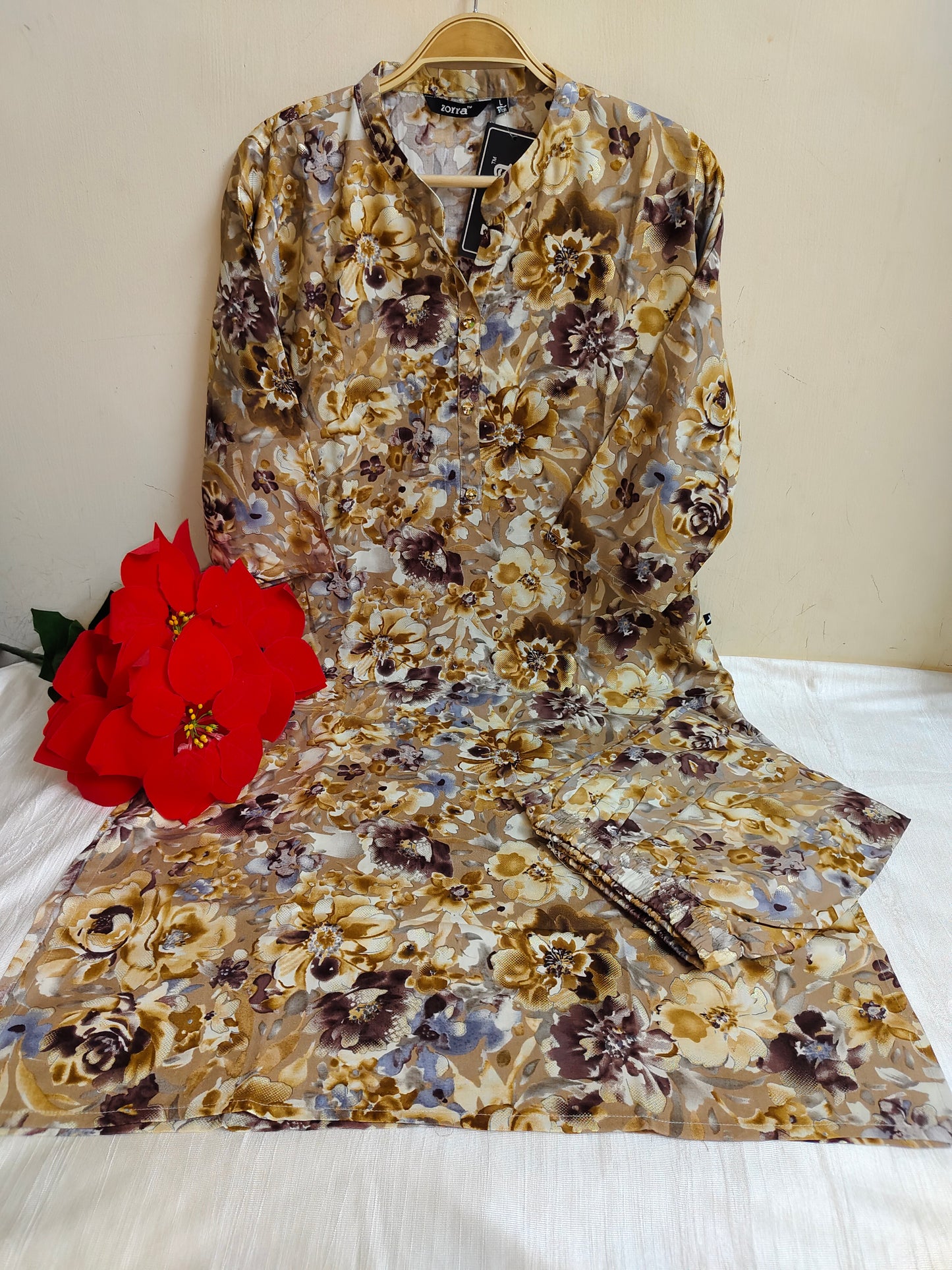 Beige Brown Floral Printed Rayon Kurti - 2 Piece Set | Mayura
