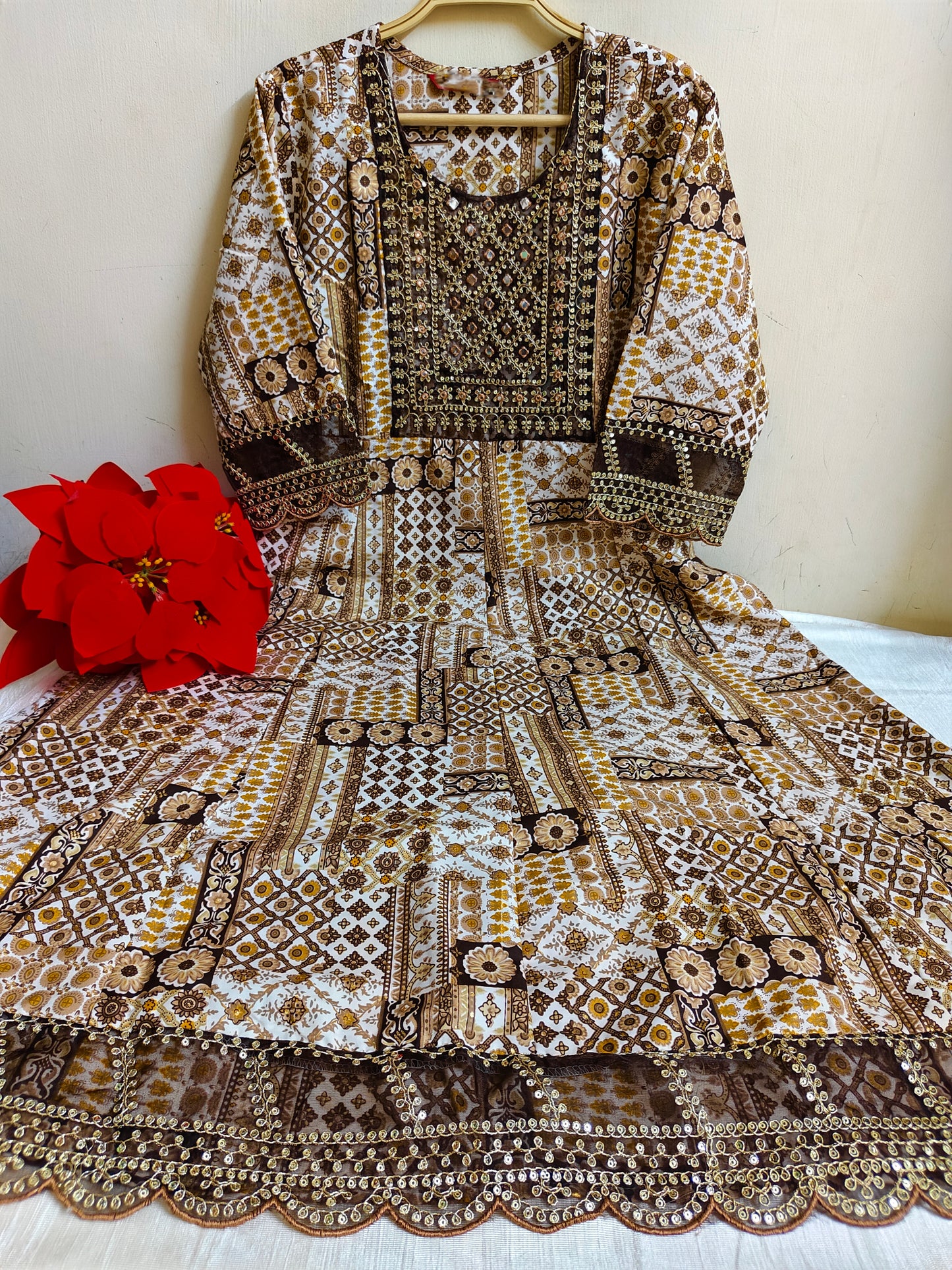 Brown Gold Foil Print Anarkali Kurti 1 Piece | Mayura