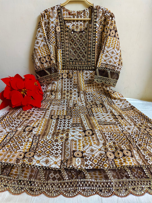 Brown Gold Foil Print Anarkali Kurti 1 Piece | Mayura