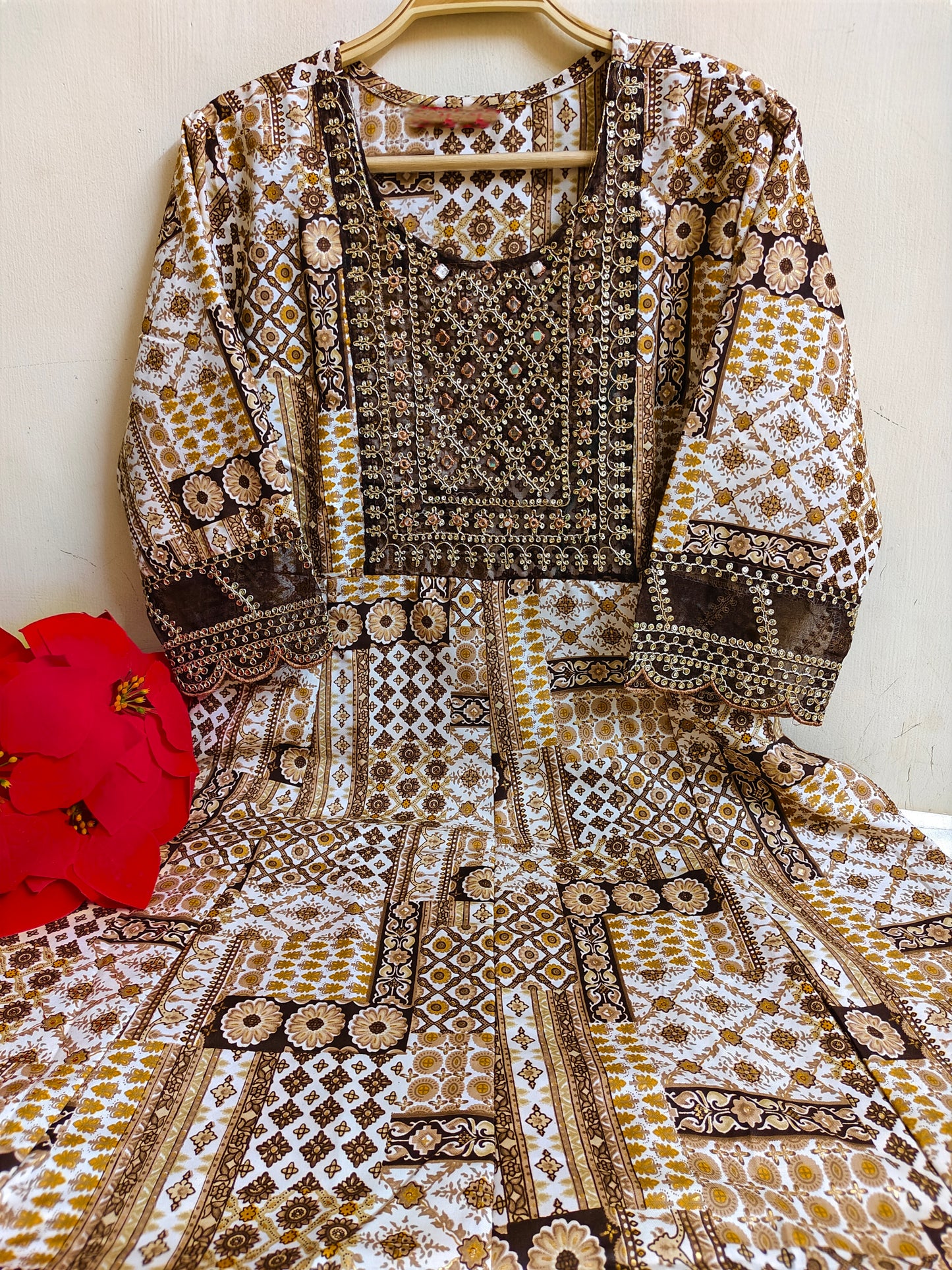 Brown Gold Foil Print Anarkali Kurti 1 Piece | Mayura