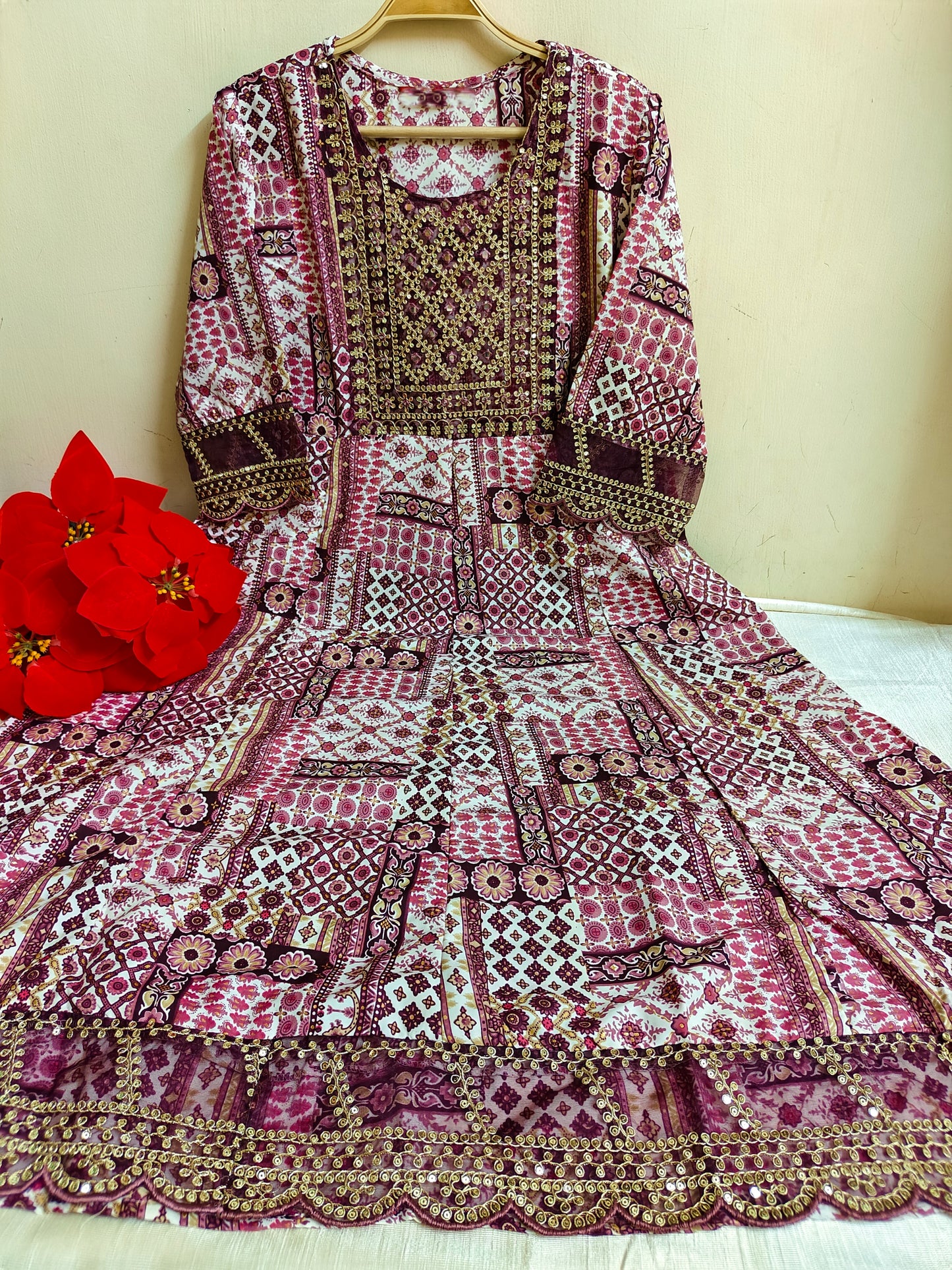 Pink Gold Foil Print Anarkali Kurti 1 Piece | Mayura
