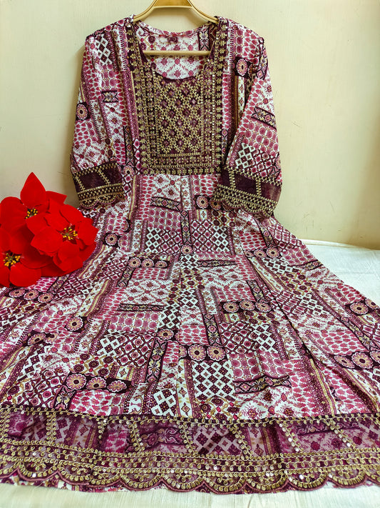 Pink Gold Foil Print Anarkali Kurti 1 Piece | Mayura