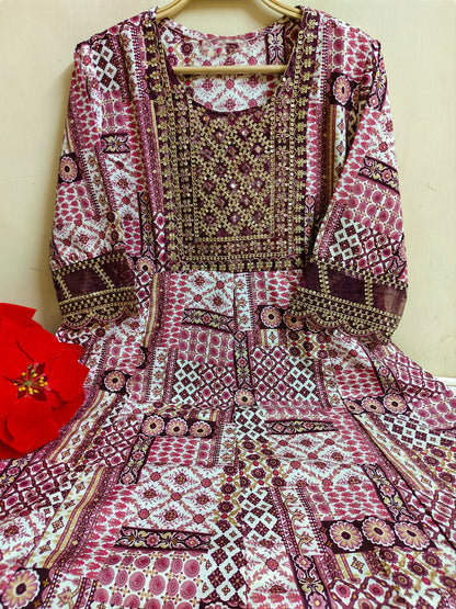 Pink Gold Foil Print Anarkali Kurti 1 Piece | Mayura