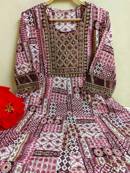 Pink Gold Foil Print Anarkali Kurti 1 Piece | Mayura
