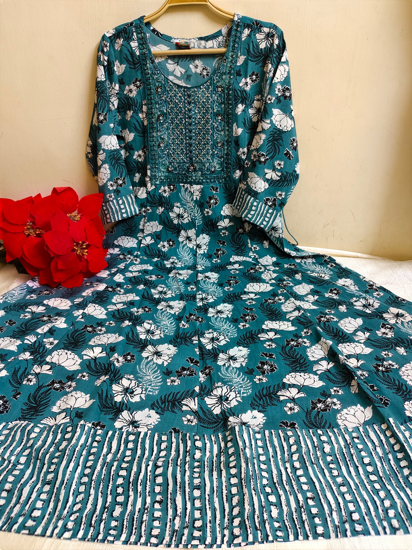 Teal Blue Floral Print Anarkali Kurti 1 Piece | Mayura