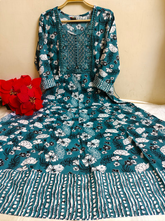 Teal Blue Floral Print Anarkali Kurti 1 Piece | DSF