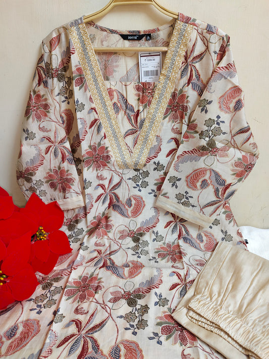 Off White Chanderi Silk Floral Kurti Set with Embroidered Border - 2 Piece Ethnic Suit | Mayura