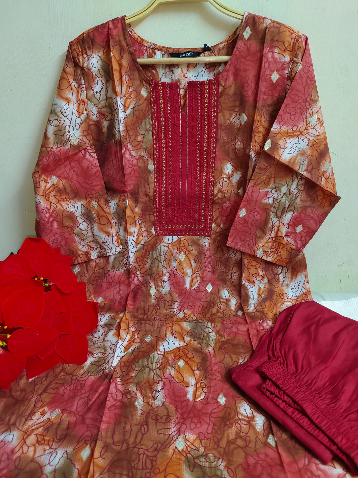 Multicolor Floral Chanderi Silk Kurti Set with Embroidered Yoke - 2 Piece Ethnic Suit | Mayura