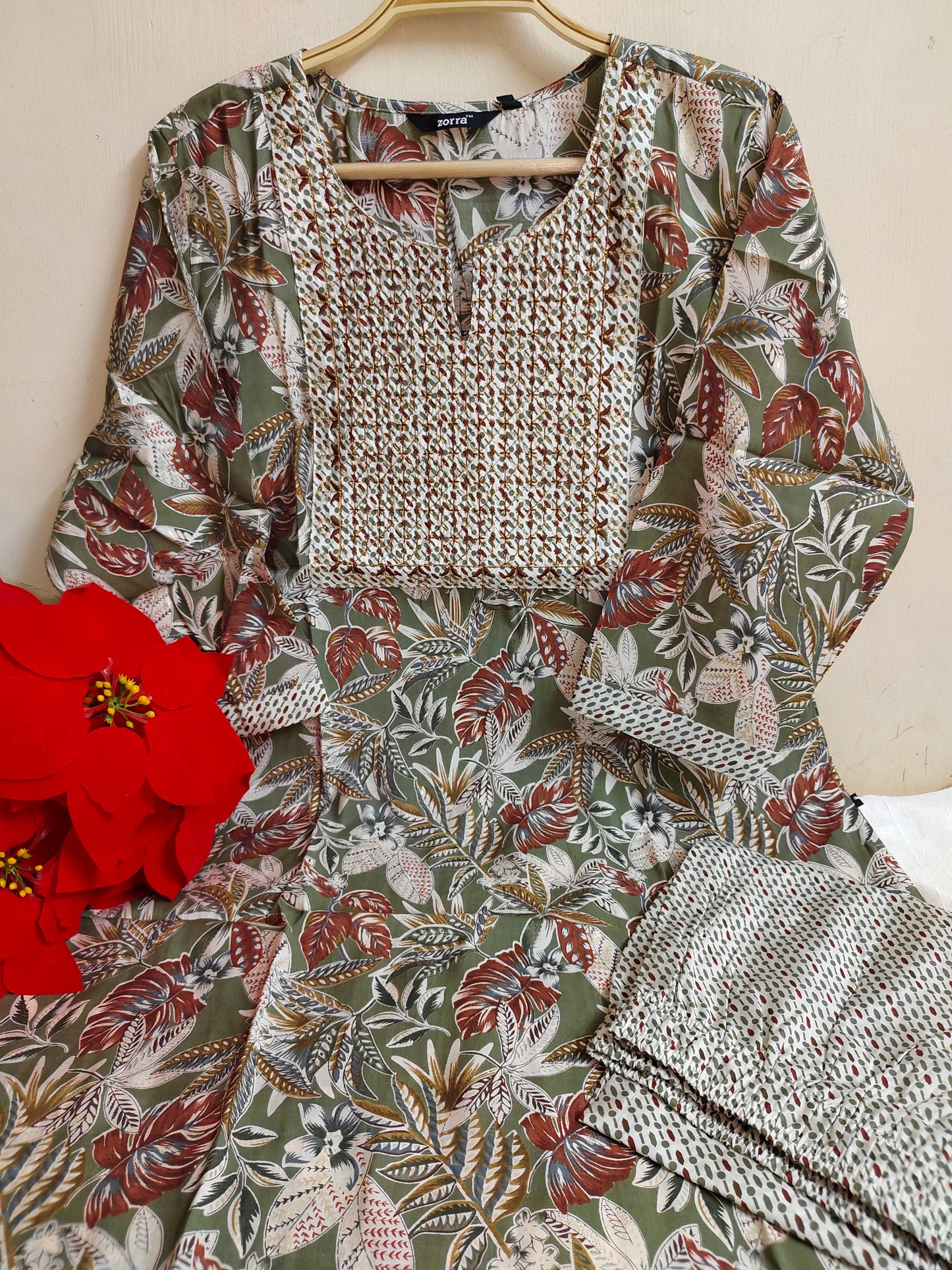 Olive Green Floral Printed Chanderi Silk Kurta Pant Set with Contrast Yoke  | Mayura