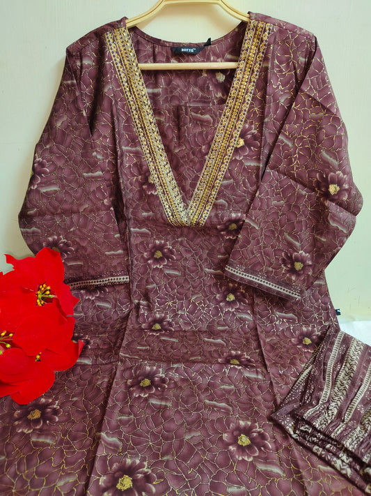 Mauve Brown Floral Printed Chanderi Silk Kurti - 2 Piece Embroidered Set