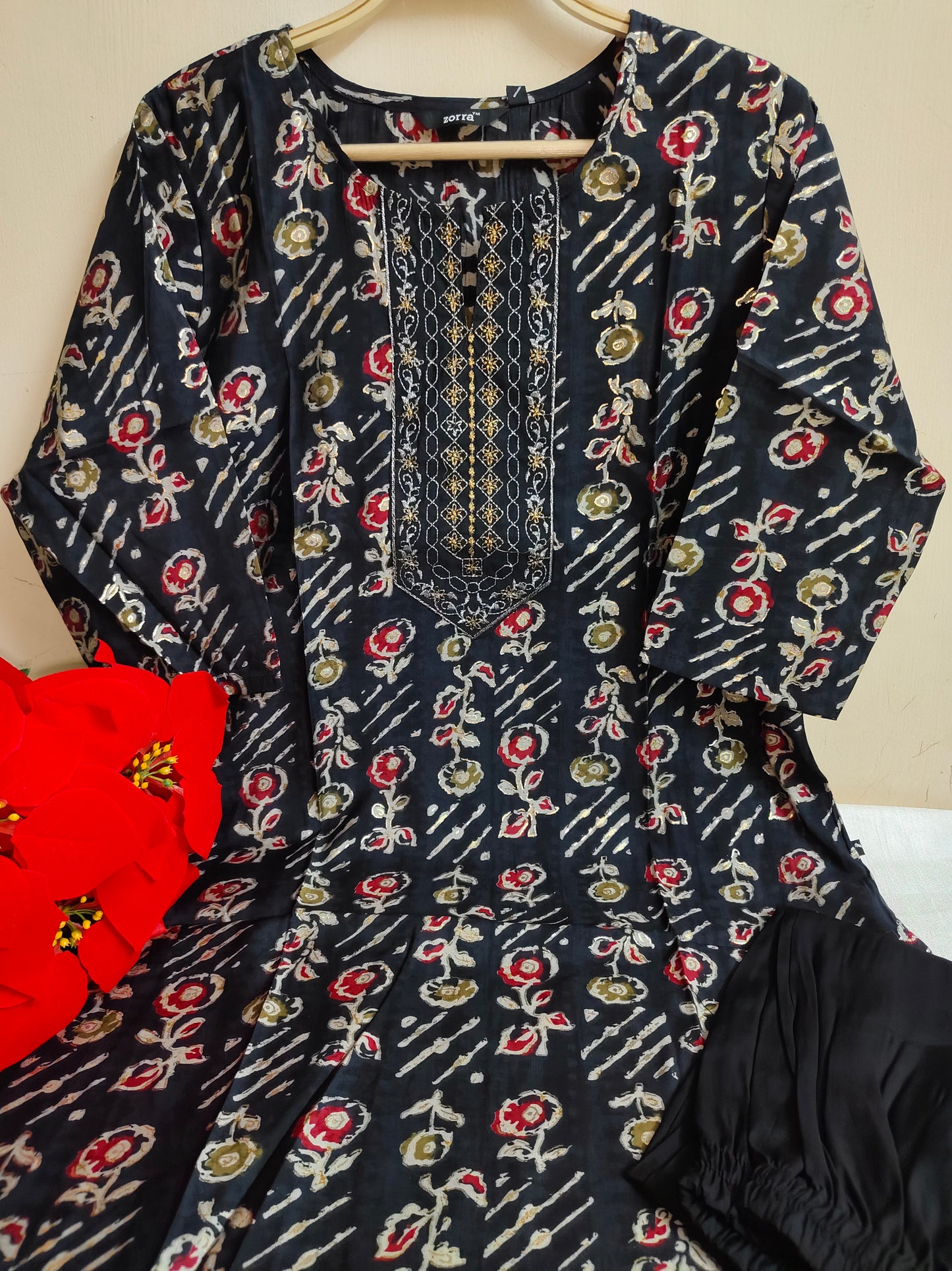Black Chanderi Silk Floral Kurti Set with Embroidered Yoke | Mayura