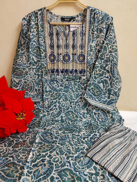 Teal Printed Chanderi Silk Kurti - 2 Piece Embroidered Set | Mayura