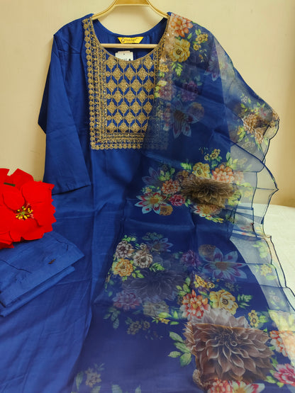 Royal Blue Embroidered Straight Kurti 3-Piece Set | Mayura