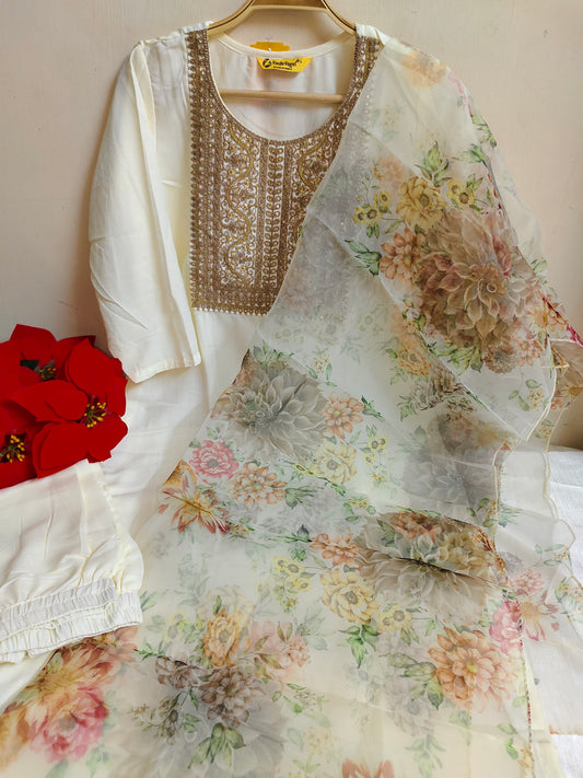 Off-White Embroidered Straight Kurti 3-Piece Set | Mayura
