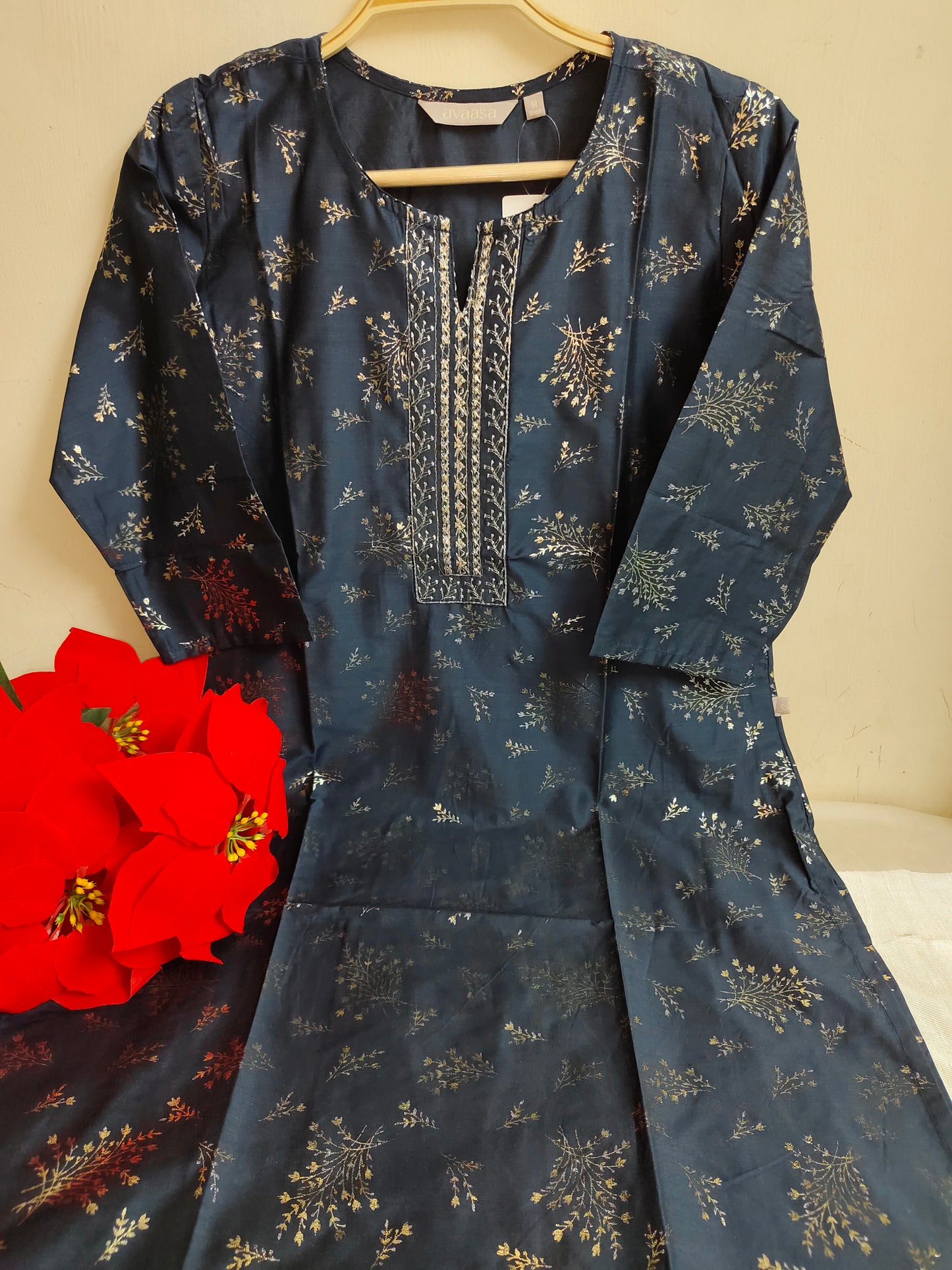 Navy Blue Floral Sprig Print Roman Silk Straight Kurti | Mayura