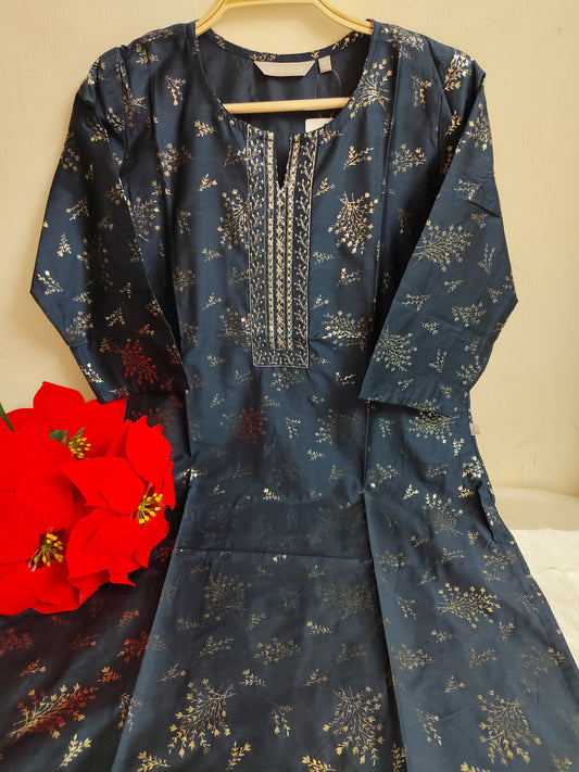 Navy Blue Floral Sprig Print Roman Silk Straight Kurti