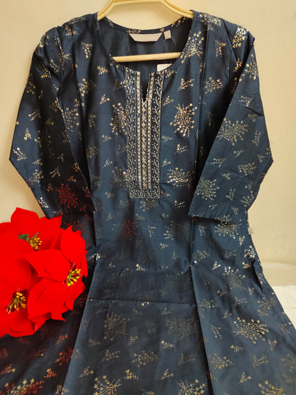 Navy Blue Floral Sprig Print Roman Silk Straight Kurti | Mayura