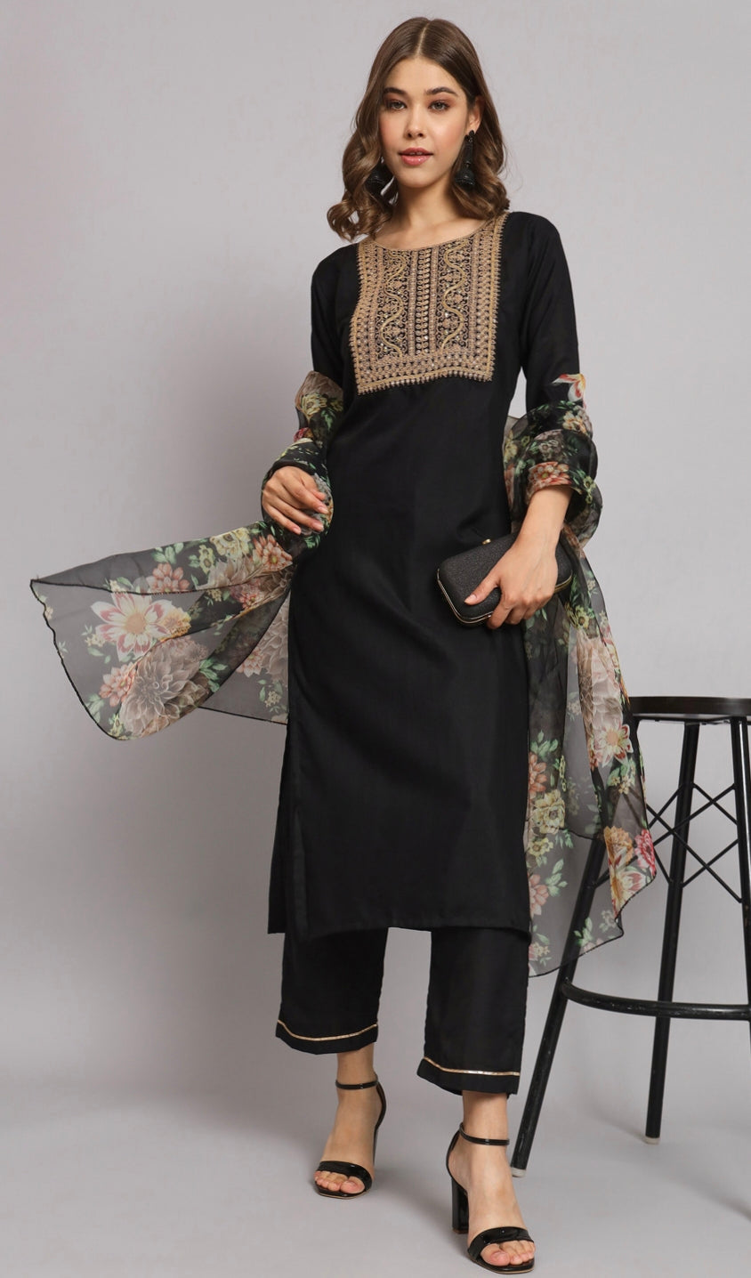 Black Embroidered Straight Kurti 3-Piece Set | Mayura