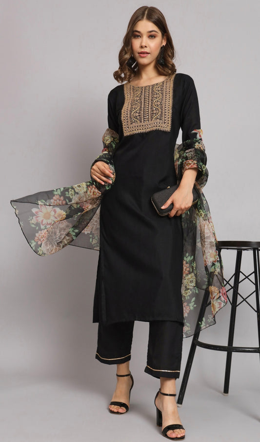 Black Embroidered Straight Kurti 3-Piece Set | Mayura