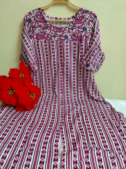 Pink & White Stripe Geometric Booti Print Rayon A-Line Kurti | Mayura