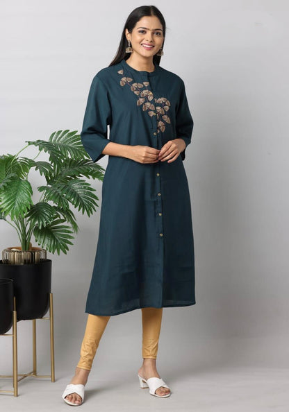 Teal Solid Silk A-Line Kurti | Mayura