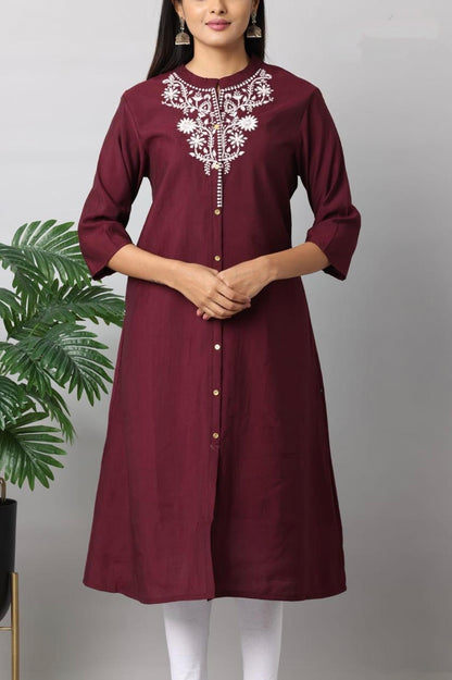 Wine Solid Silk A-Line Kurti | Mayura