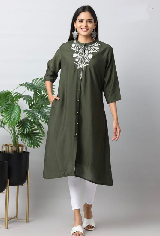 Olive Green Solid Silk A-Line Kurti | Mayura