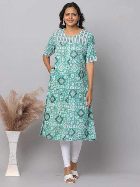 Mint Green Geometric Diamond Medallion Print Rayon A-Line Kurti | Mayura
