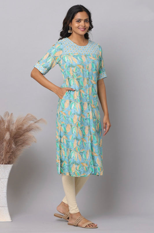 Sky Blue Tropical Leaf & Feather Print Rayon A-Line Kurti | Mayura