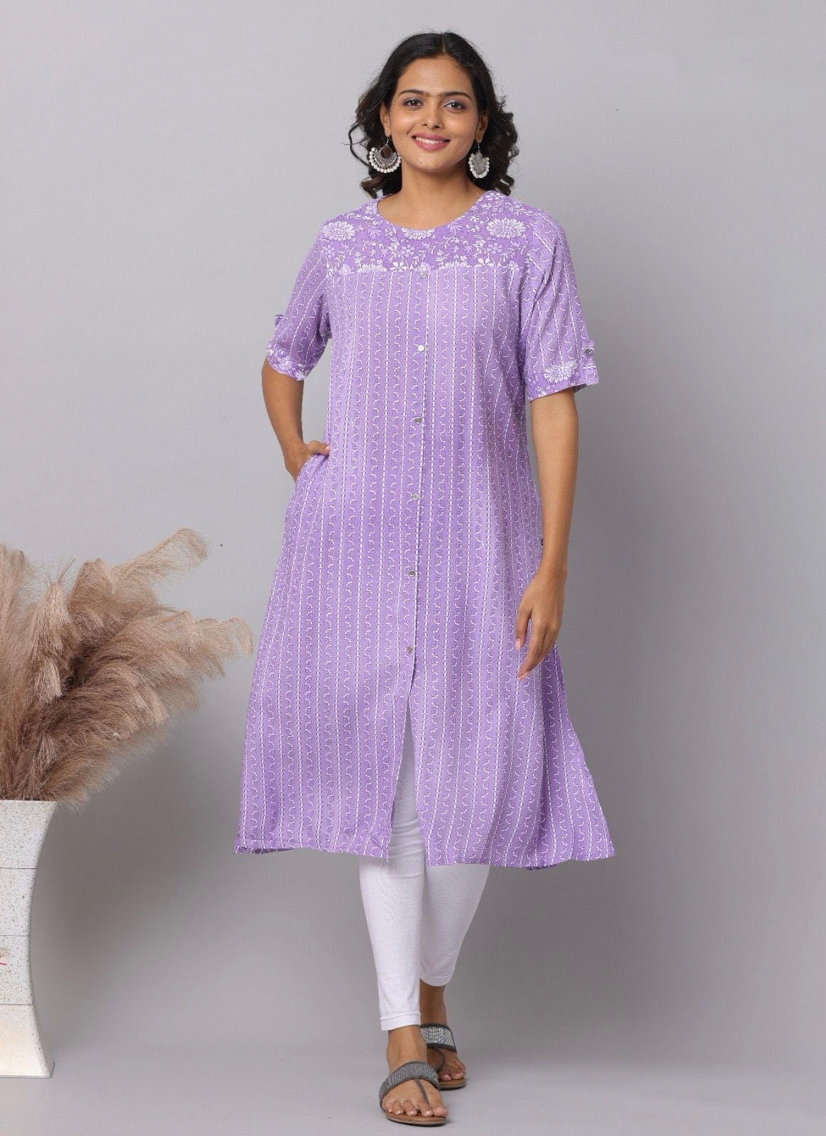 Lavender Floral Vine Stripe Print Rayon A-Line Kurti | Mayura
