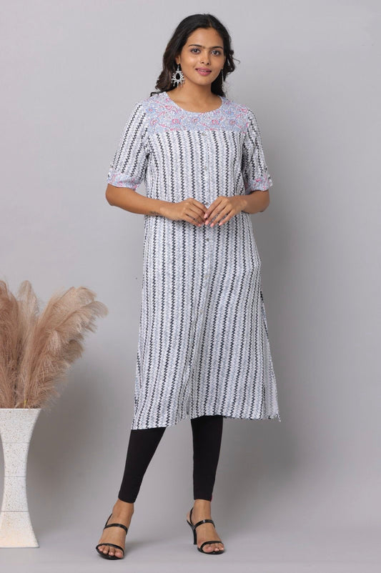 White & Black Zigzag Chevron Print Rayon A-Line Kurti | Mayura