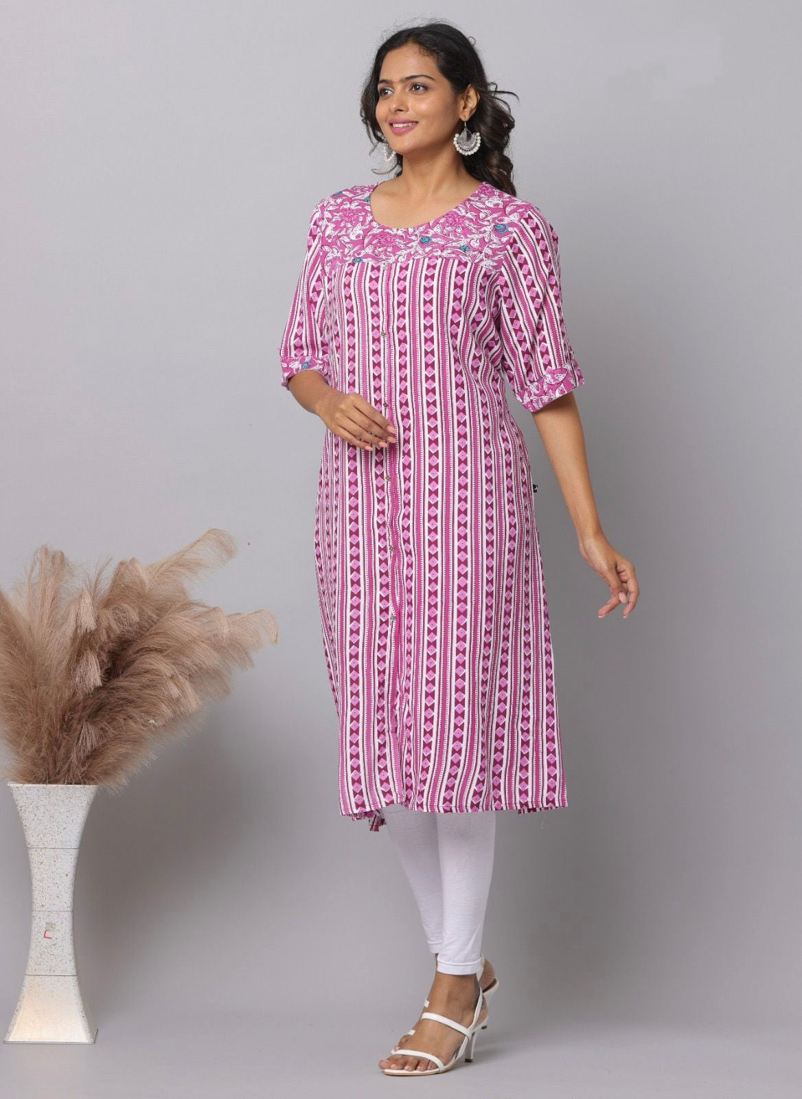Pink & White Stripe Geometric Booti Print Rayon A-Line Kurti | Mayura
