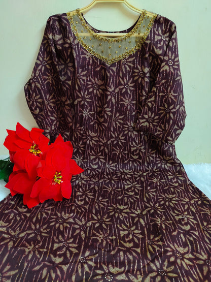 Dark Plum Foil Print Rayon Kurti | Mayura