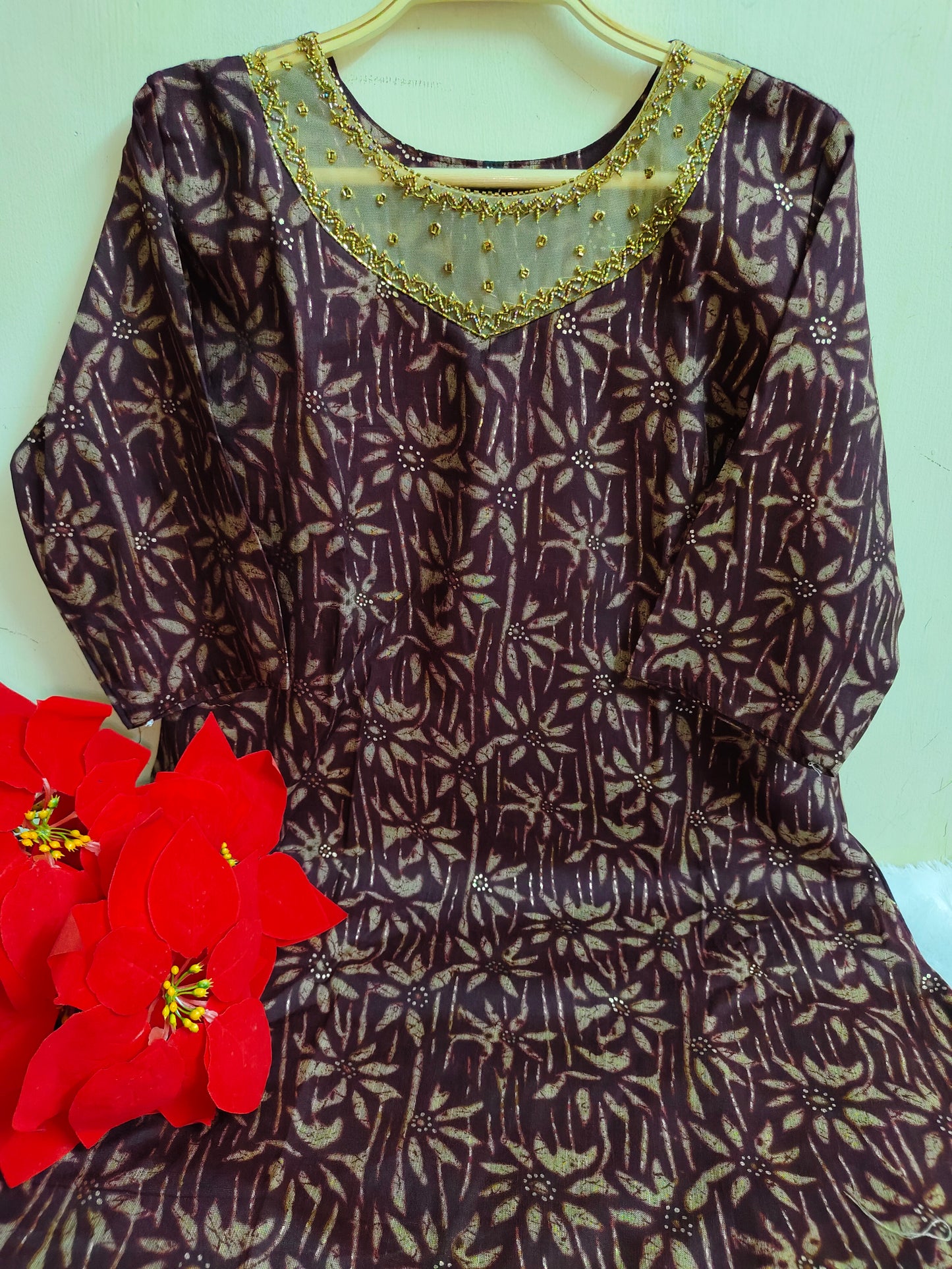 Dark Plum Foil Print Rayon Kurti | Mayura