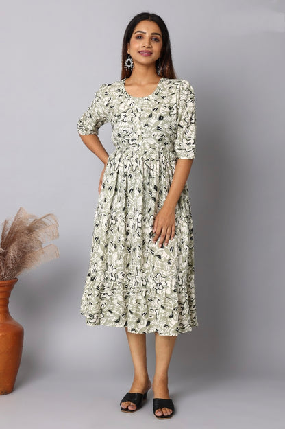 Sage Green Abstract Floral Print Rayon Maxi Dress | Mayura