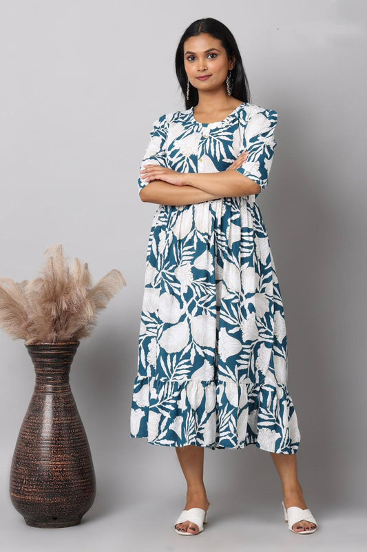 Teal & White Tropical Leaf & Floral Print Rayon Maxi Dress | Mayura